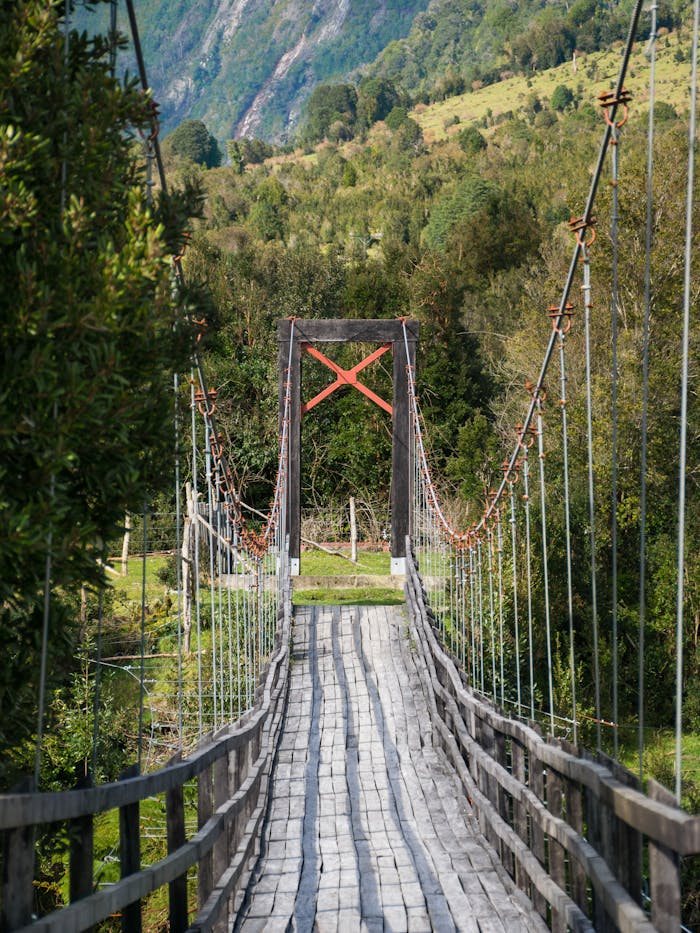 Explore the rustic charm of a wooden suspension bridge surrounded by lush greenery in Buill, Los Lagos, Chile.